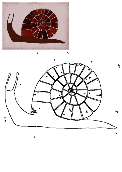 A stylized snail illustration featuring a segmented red and brown spiral shell and a dark brown body on a textured light red-brown background.