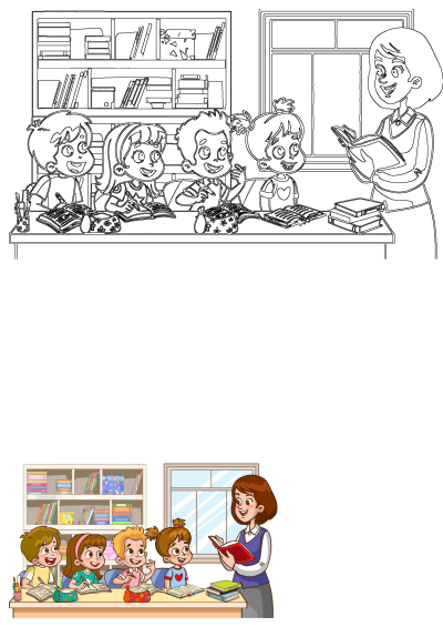 Vibrant cartoon of a teacher reading to happy students in a classroom with books and a bookshelf, encouraging learning.