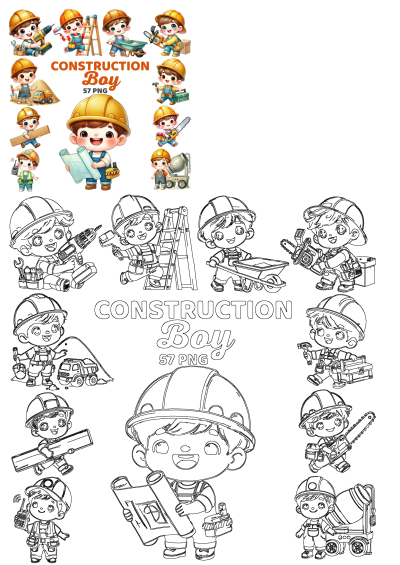 A collection of cute cartoon construction boy illustrations with various tools and blueprints, available in both vibrant colored and outline versions.