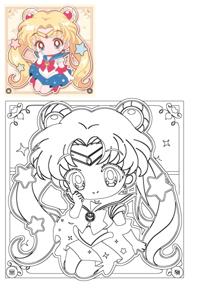 Chibi Sailor Moon fan art featuring a cute, kawaii anime character with blonde pigtails, red bows, and stars.