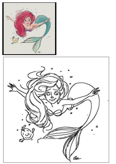 A vibrant sketch of Princess Ariel from The Little Mermaid, with her signature pink hair, swimming happily alongside Flounder.