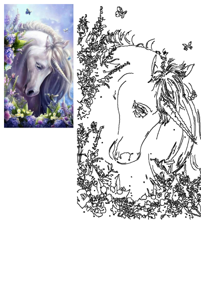 Majestic white unicorn with gleaming horn, surrounded by vibrant purple and pink flowers, lavender, and fluttering butterflies in a magical scene.