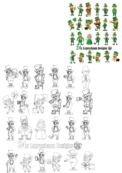 Vibrant and outline cartoon leprechaun designs for St. Patrick's Day, featuring shamrocks, beer, and pot of gold in various poses.