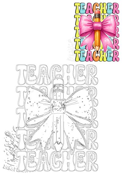 Vibrant teacher pencil with a sparkling pink bow, plus a black and white outline version for teacher appreciation and crafts.