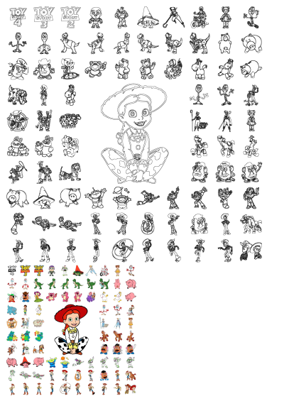 Toy Story character collection on white background featuring outlines and colorful illustrations of Jessie, Woody, Buzz, Forky, Rex, and more.