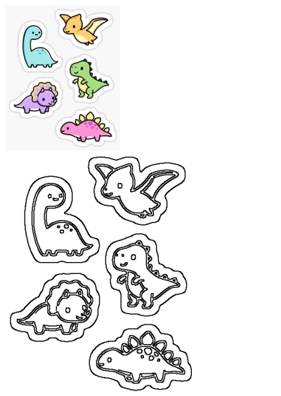 Colorful Cute Dinosaur Sticker Pack featuring an adorable set of vibrant dinosaur stickers and their matching black outlines.