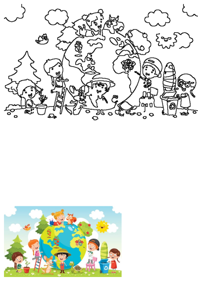 Cartoon kids and animals actively nurture the Earth globe; planting trees, recycling, and promoting environmental awareness.