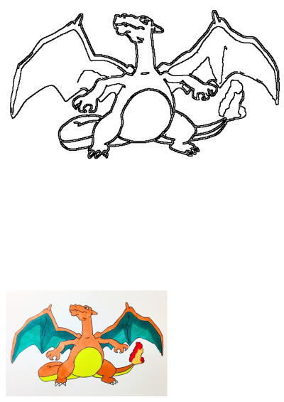 Detailed Charizard Pokemon drawing featuring both a clear outline for sketching and a vibrant, fully colored illustration.