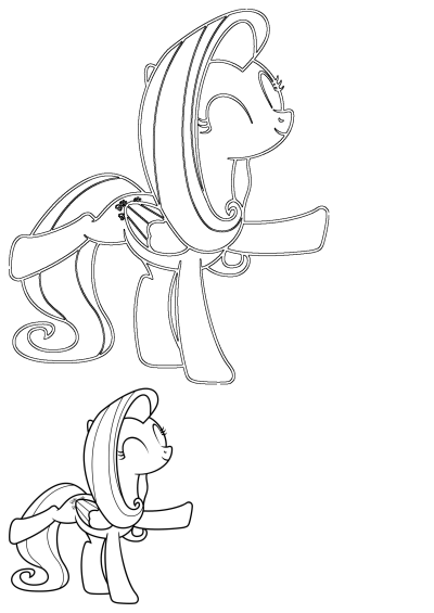 Outline drawing of a cheerful pony with a long, flowing mane and tail, featuring two ponies for easy coloring.