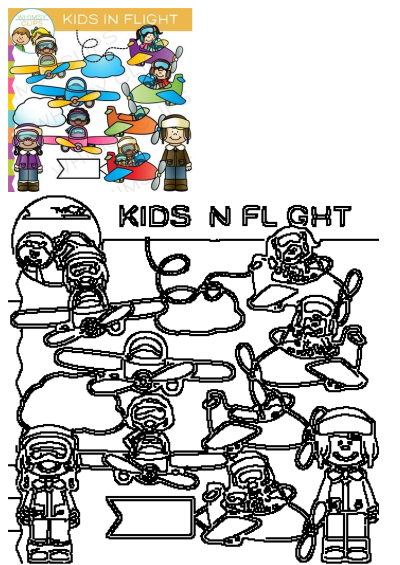 Vibrant clipart featuring diverse kids dressed as pilots, flying colorful airplanes among clouds, ready for creative projects.
