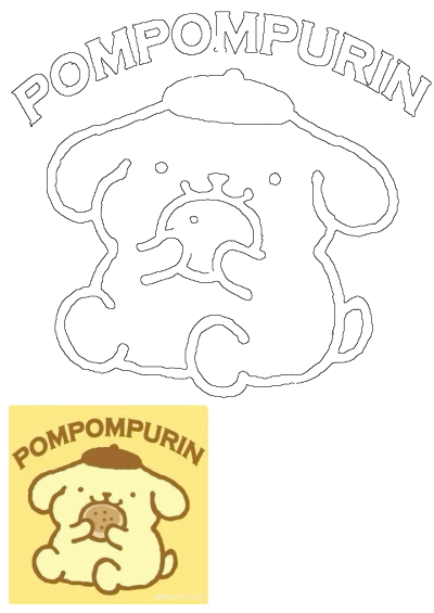 Pompompurin dog sticker wearing a hat and eating a cookie, displayed alongside a matching black outline drawing of the character.