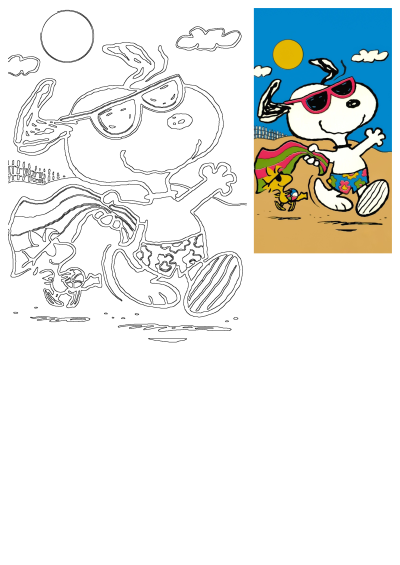 Snoopy and Woodstock enjoy a fun beach day; Snoopy wears sunglasses and trunks while Woodstock carries a ball. Features both colored and outline versions.