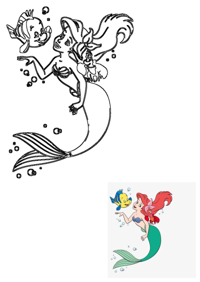 Ariel, Flounder, and Sebastian from The Little Mermaid, depicted in both a vibrant color and an outline style with bubbles.