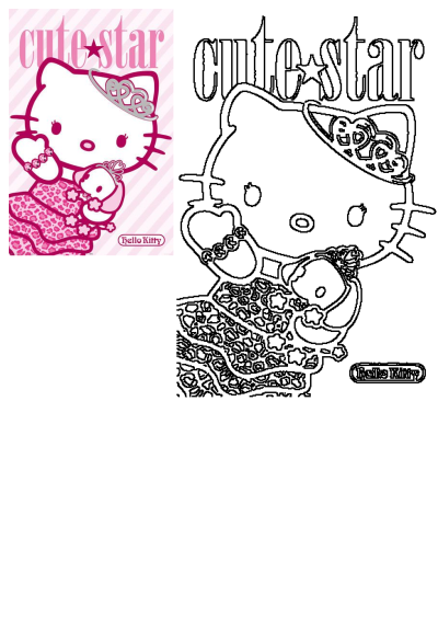 Hello Kitty Cute Star poster showing Hello Kitty with a crown, pink leopard dress, and teddy bear, alongside its outline art.