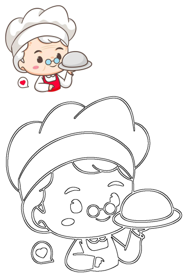 A cheerful cartoon grandmother chef wearing a hat and apron, proudly holds a domed silver platter. Ideal for culinary themes.