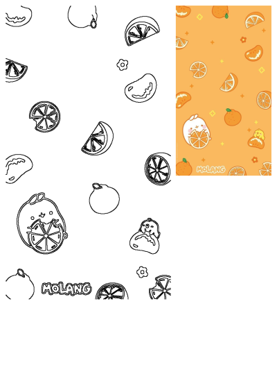 Vibrant Molang orange fruit wallpaper pattern featuring cute cartoon characters, juicy citrus slices, and whole oranges on a sunny background.