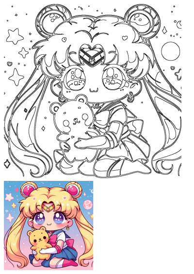 Outline of cute blond chibi anime girl, Sailor Moon, holding a teddy bear with stars and moon in the background.