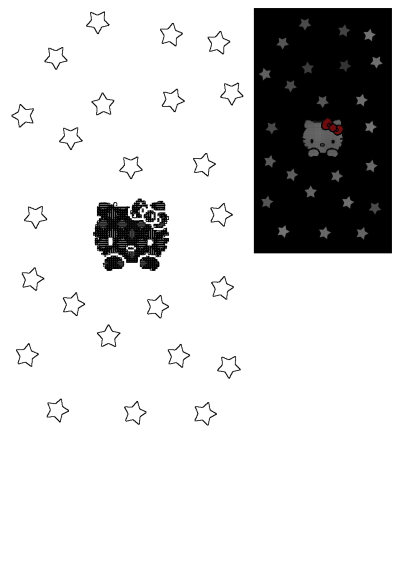 Hello Kitty pixel art with red bow and grey stars on a black background, accompanied by a matching outline version on white.