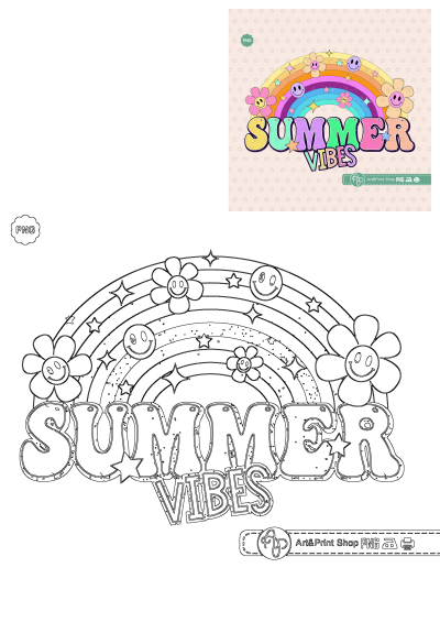 A vibrant cartoon design featuring a rainbow, stars, flowers with smiley faces, and the bold text 'SUMMER VIBES'.