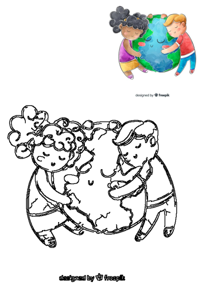 Vibrant watercolor illustration showing diverse children lovingly hugging the Earth, symbolizing environmental care and global harmony.