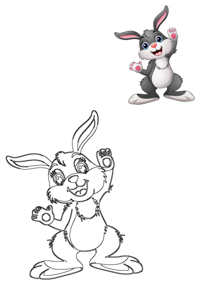 A cheerful grey and white cartoon rabbit stands, smiling and waving. This image features both the vibrant illustration and its black line art.