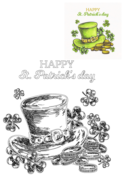 St. Patrick's Day card with a green leprechaun hat, lucky shamrocks, and gold coins. Features a colorful illustration and a printable outline.