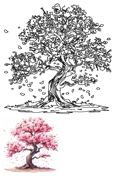 A vibrant pink cherry blossom tree blooming with falling petals, alongside its artistic line art design, celebrating spring.