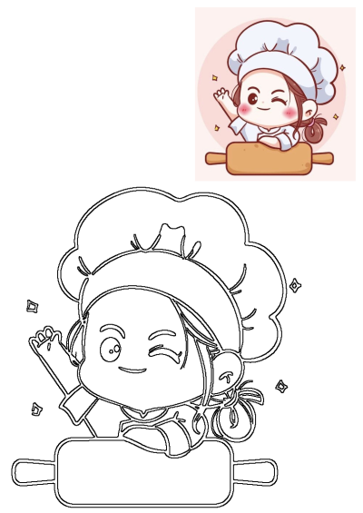A cute cartoon baker girl wearing a chef's hat, winking cheerfully, and leaning on a rolling pin. Both colored and outline versions are shown.
