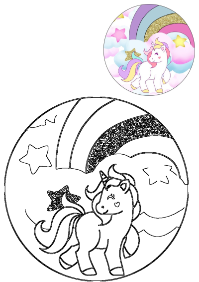 A whimsical cartoon unicorn circular sticker featuring a glittery rainbow, fluffy pastel clouds, and twinkling stars.