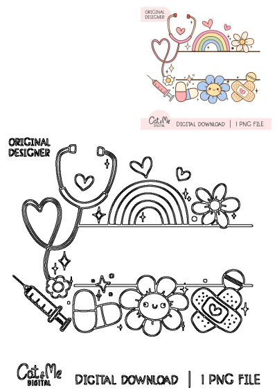 Cute health illustration with stethoscope, pastel rainbow, hearts, flowers, syringe, pills, and band-aid in both colored and outline versions.