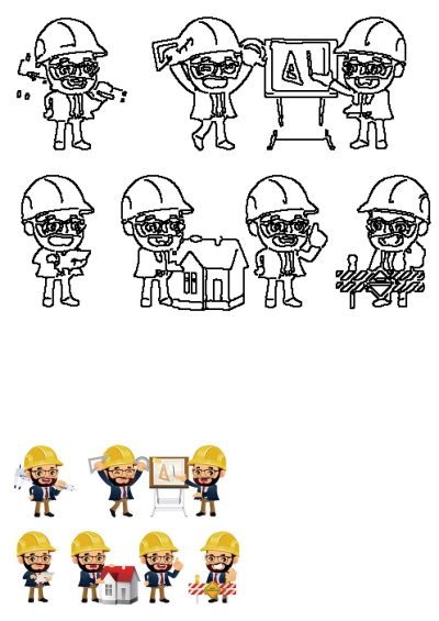 A construction worker man in a hardhat suit depicted in different jobs and poses, in both colored vector and black-and-white line art styles.