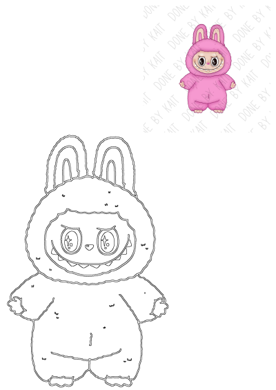 A cute pink bunny monster Halloween character illustration, showing both a colorful version and a black and white outline drawing.