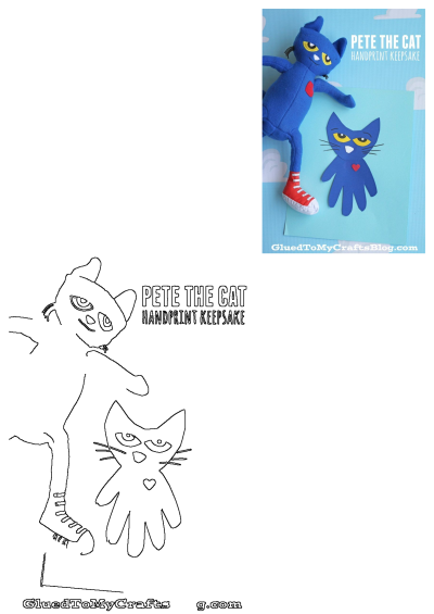 A vibrant blue Pete The Cat handprint craft keepsake featuring yellow eyes and a red heart, plus a template for easy DIY creation.