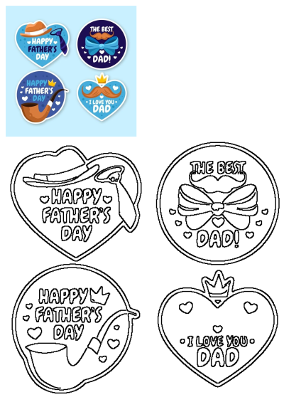 Cartoon Father's Day vector badges collection. Includes colorful stickers and outline versions with 'Happy Father's Day' messages.