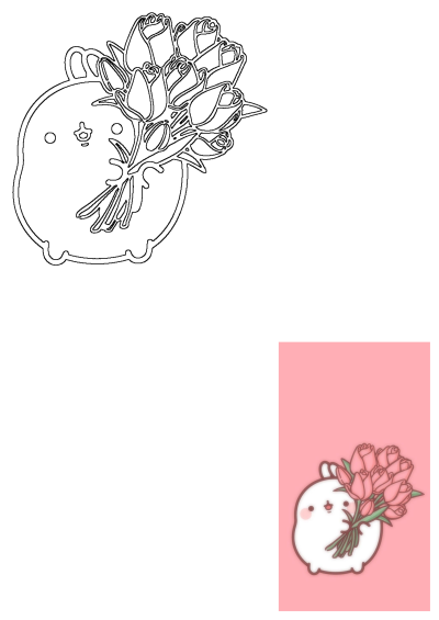 Cute Molang bunny, a sweet, round white character, holds a delightful pink tulip bouquet on a soft pink background.