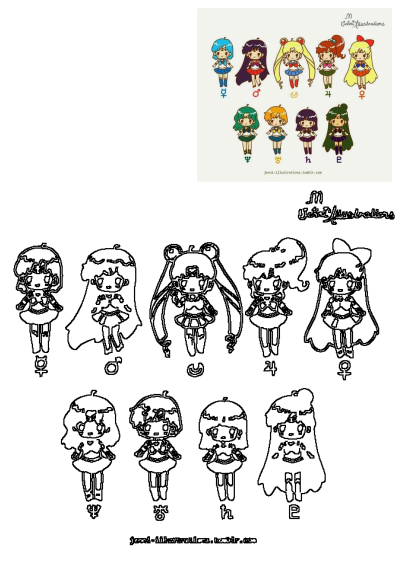 Chibi Sailor Moon characters in their distinct colorful and outline superhero outfits, each with a planetary symbol.