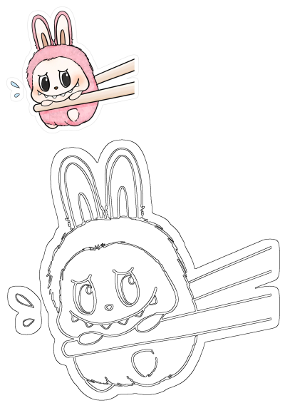 A cute pink fluffy cartoon bunny sticker, held by chopsticks, showing a shy or nervous expression with sweat drops.