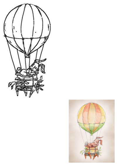 Adorable watercolor drawing of a brown bunny flying in a colorful hot air balloon with a carrot basket, shown with its detailed outline.