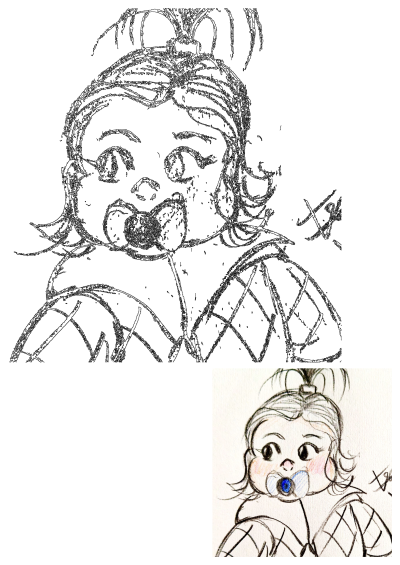A cute baby sketch in whimsical art style, featuring pigtails, wide expressive eyes, and a pacifier for a charming look.