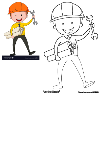 A smiling cartoon construction worker in an orange hardhat, holding a wrench and blueprints. Also includes a black and white outline.