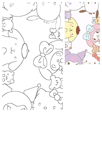 A cute pattern featuring popular Sanrio characters like Hello Kitty, My Melody, Pompompurin, some colored and some as outlines, on a bright white background.