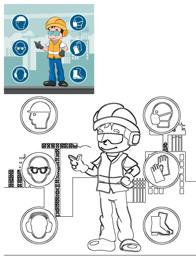 Cartoon construction worker shows industrial safety gear: hard hat, glasses, ear protection, mask, gloves, boots icons.