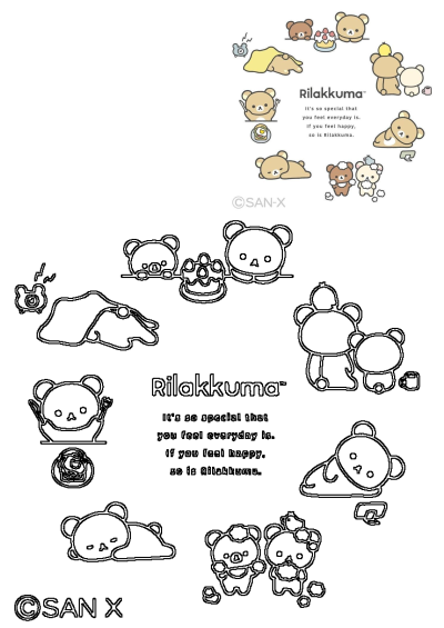 Rilakkuma, Korilakkuma, and Kiiroitori characters in cute kawaii illustrations with outline versions, celebrating happiness.