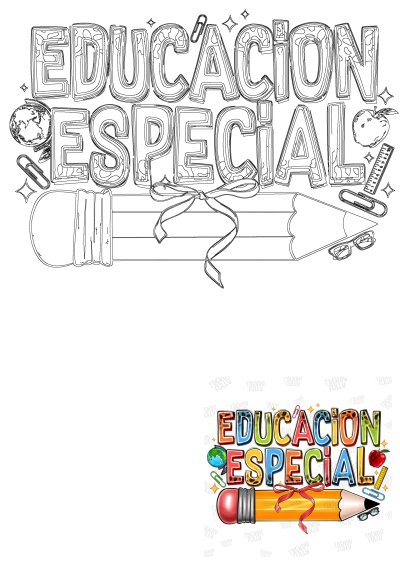 Educacion Especial typography in an outline design, featuring school supplies like a pencil, globe, apple, ruler, paperclips, and glasses.