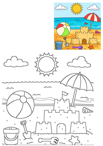 A vibrant cartoon beach scene featuring a sandcastle, colorful beach ball, bright sun, umbrella, ocean, bucket, and shovel.