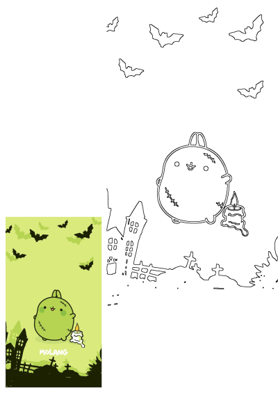 Molang dressed as a Frankenstein monster for Halloween, surrounded by flying bats, a haunted house, and gravestones, holding a lit candle. Features both a colored and outline version of the spooky cartoon art.