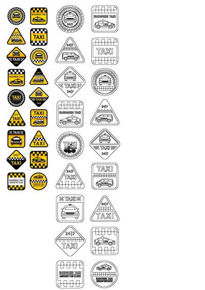 Yellow Black Taxi Service Sticker Set Various Designs, featuring multiple logos with cars, vans, '24/7' availability, and line art options.