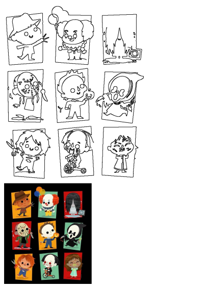 Vibrant collage featuring cute, chibi-style Halloween horror characters like Freddy Krueger, Pennywise, Jason Voorhees, and Ghostface.