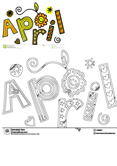 Colorful April month illustration featuring decorative letters, a smiling flower, hearts, and stars, alongside a clear outline version for coloring.