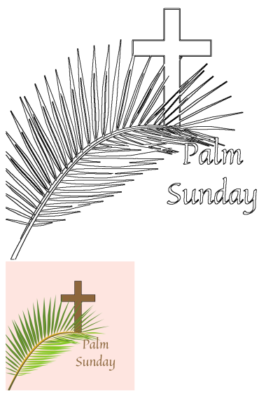 An illustration depicting a brown Christian cross and a vibrant green palm leaf, symbolizing Palm Sunday, on a soft pink background.